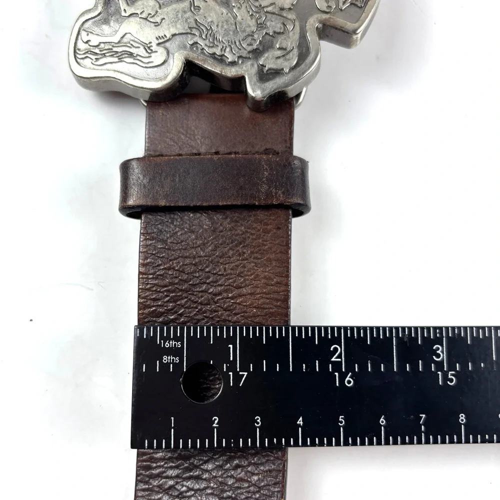 Vintage Horse Crest Large Buckle Belt Mens 32 Brown Leather Silver Tone Heraldic